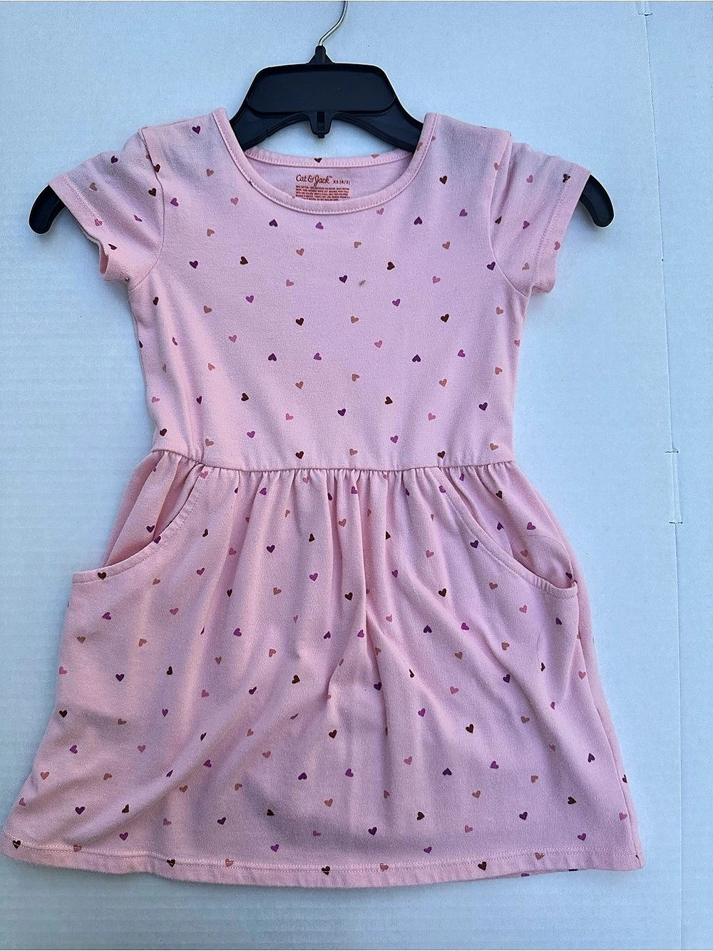 Cat & Jack Short Sleeve Heart Print Pocket Dress Pink XS (4/5)